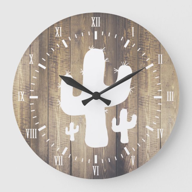 White Cactus & Faux Wood Large Clock (Front)