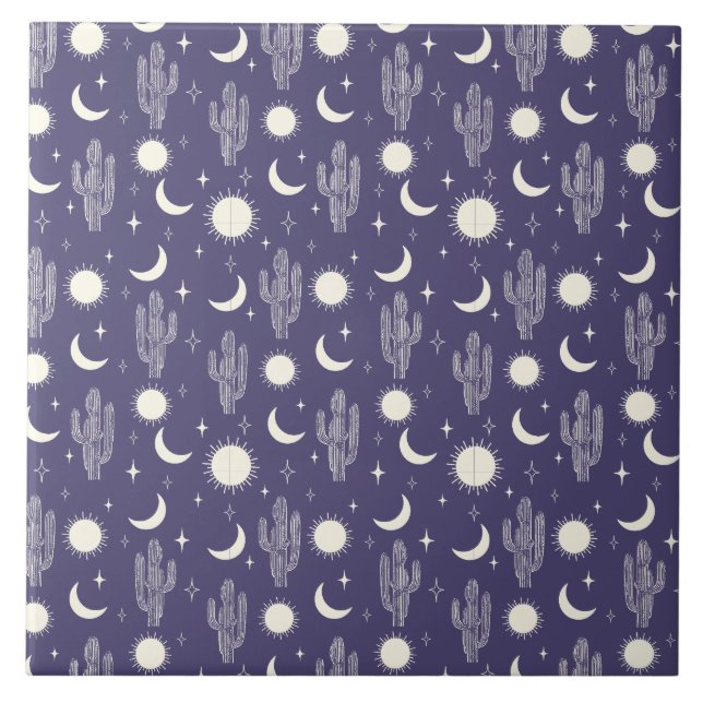 White Cactus Pattern Ceramic Tile (Front)