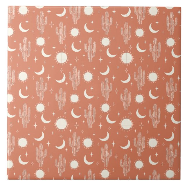 White Cactus Pattern Ceramic Tile (Front)