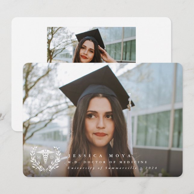 White Caduceus MD Doctor of Medicine Graduation Announcement (Front/Back)