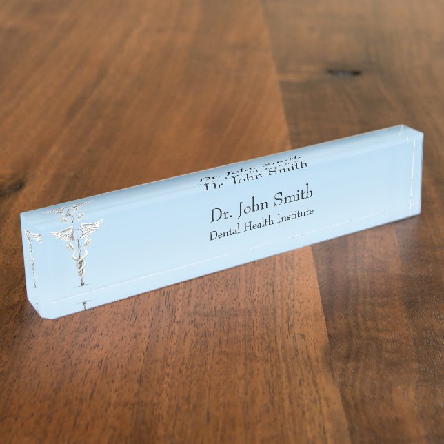 White Caduceus Medical Dental Mirror Toothbrush Desk Name Plate (Side)