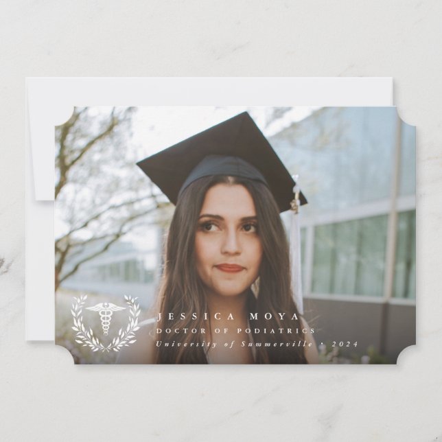 White Caduceus Medical School 2 Photo Graduation Announcement (Front)