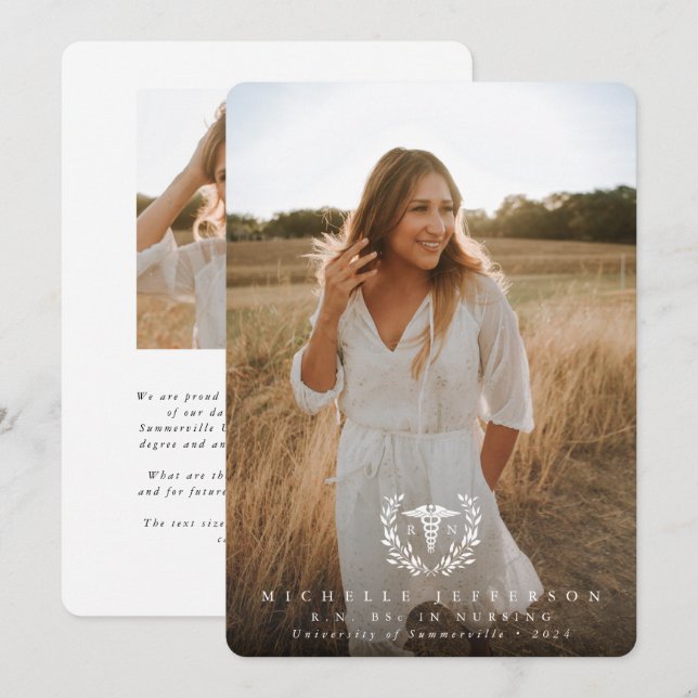 White Caduceus RN Registered Nurse Graduation Announcement (Front/Back)