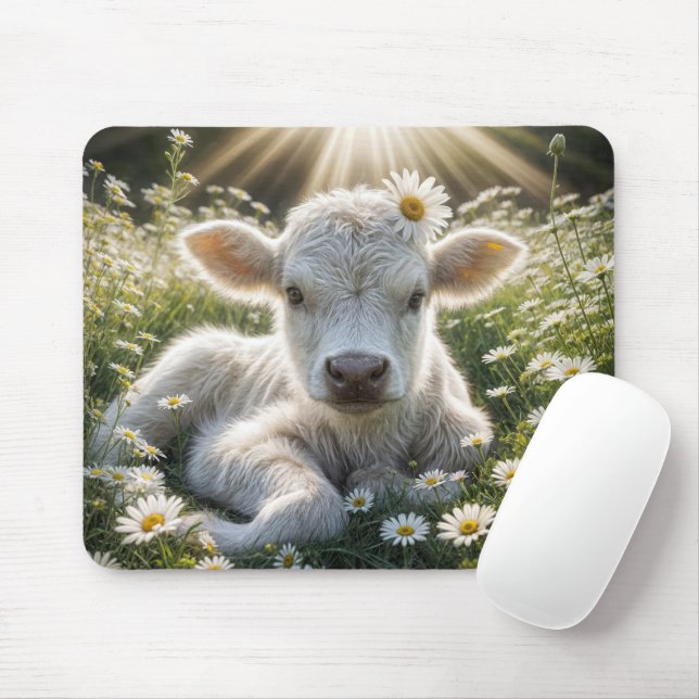 White Calf In Daisy Meadow Mouse Pad (With Mouse)