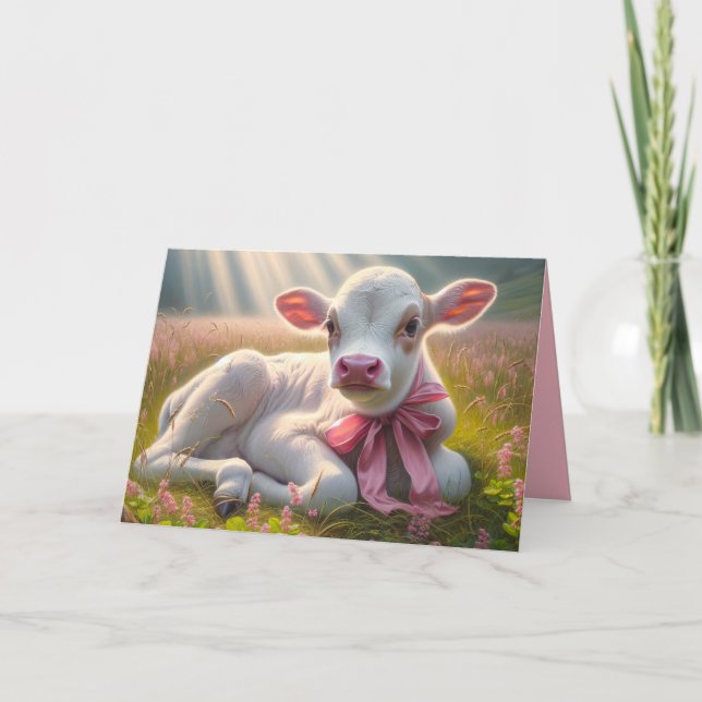 White Calf In Pasture With Sunbeams Card (Front)