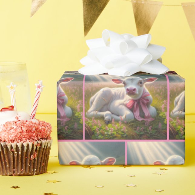 White Calf With Pink Bow in Pasture Wrapping Paper (Birthday Party)