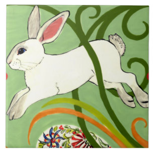 White California Rabbit Green Art Deco Design Tile
