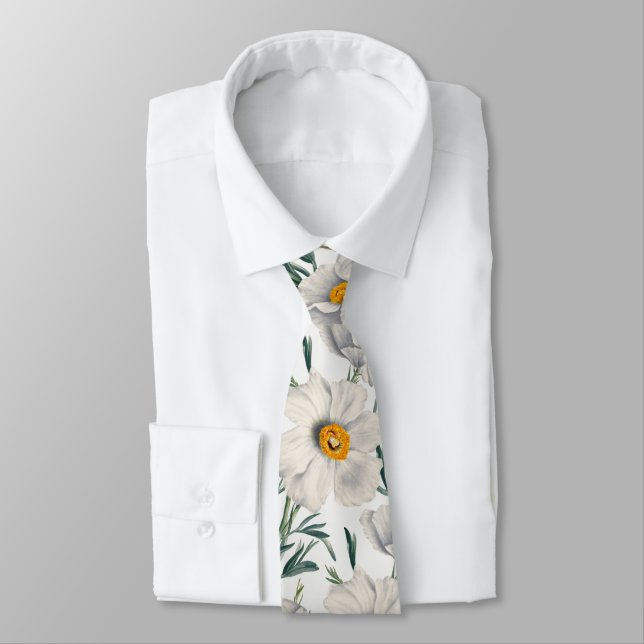 White California Tree Poppy Flowers Pattern Neck Tie (Tied)
