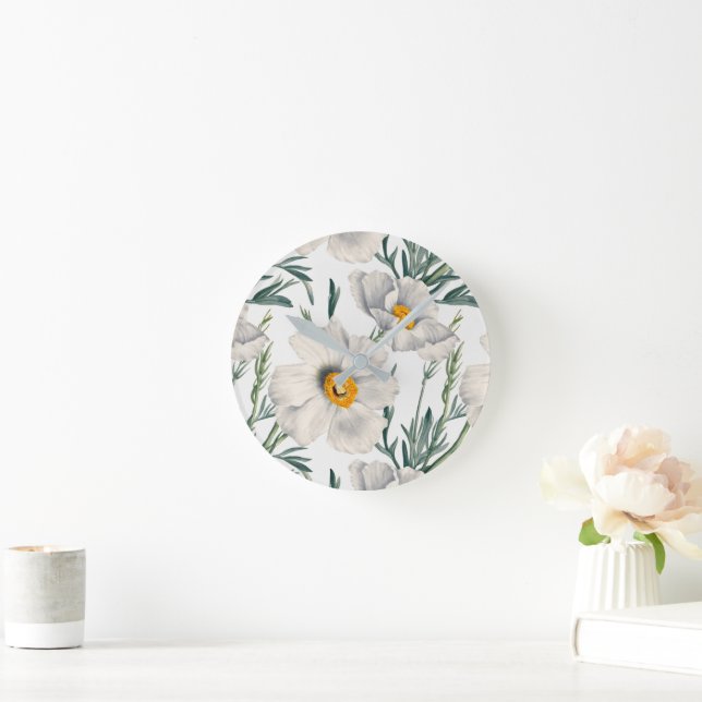 White California Tree Poppy Flowers Pattern Round Clock (Home)