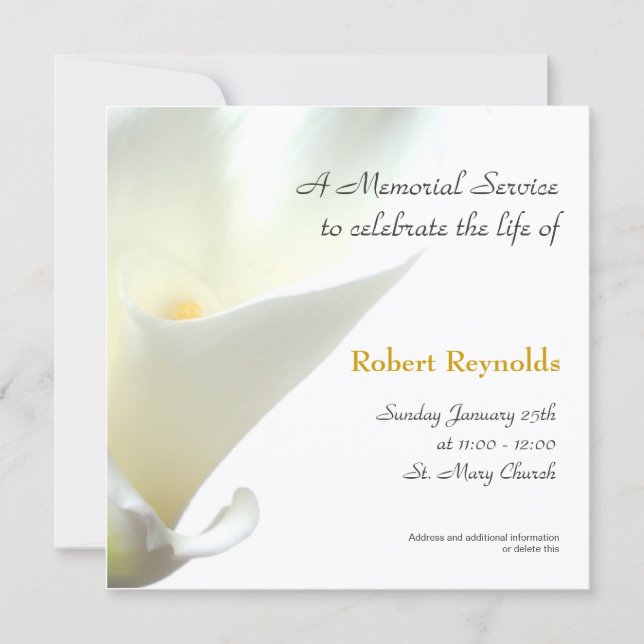 White Calla Floral Memorial Service Invitation (Front)
