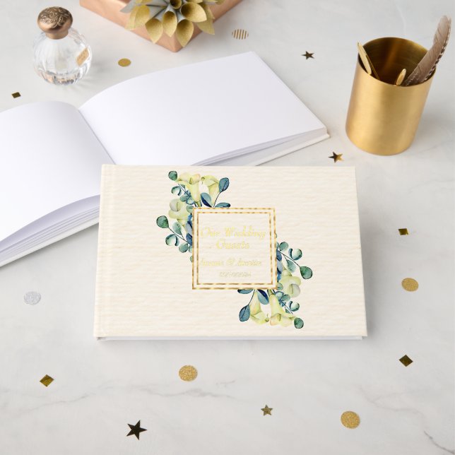 White Calla Lilies and Eucalyptus Foil Guest Book (Front Open)