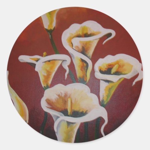 White Calla Lilies Artistic Cut Flowers On Brown Classic Round Sticker