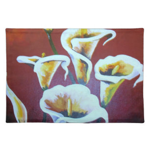  White Calla Lilies Artistic Cut Flowers On Brown Cloth Placemat
