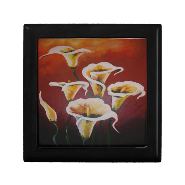 White Calla Lilies Artistic Cut Flowers On Brown Gift Box (Front)