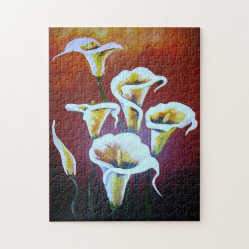 White Calla Lilies Artistic Cut Flowers On Brown Jigsaw Puzzle