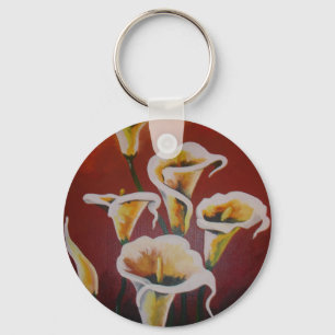 White Calla Lilies Artistic Cut Flowers On Brown Keychain