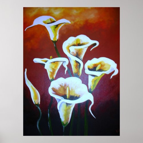 White Calla Lilies Artistic Cut Flowers On Brown Poster