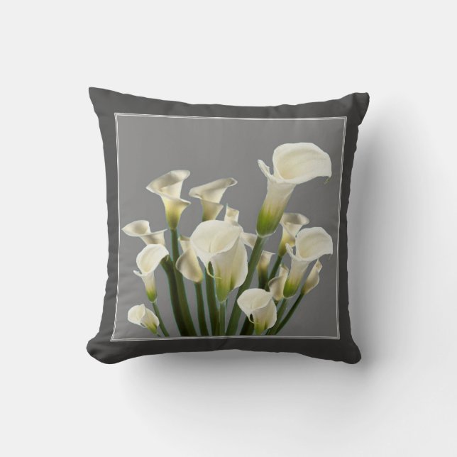 WHITE CALLA LILIES BOUQUET ON GREY THROW PILLOW (Front)