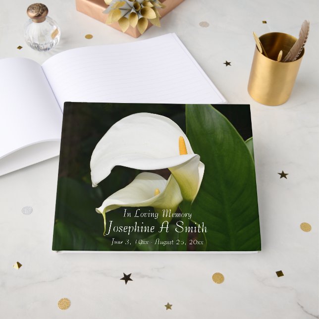 White Calla Lilies Floral Memorial Service Guest Book (Front Open)