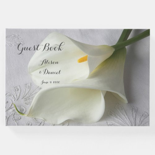 White calla lilies on linen   guest book