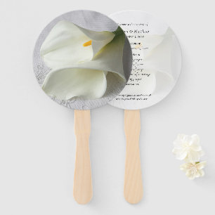 White calla lilies on linen program hand fan