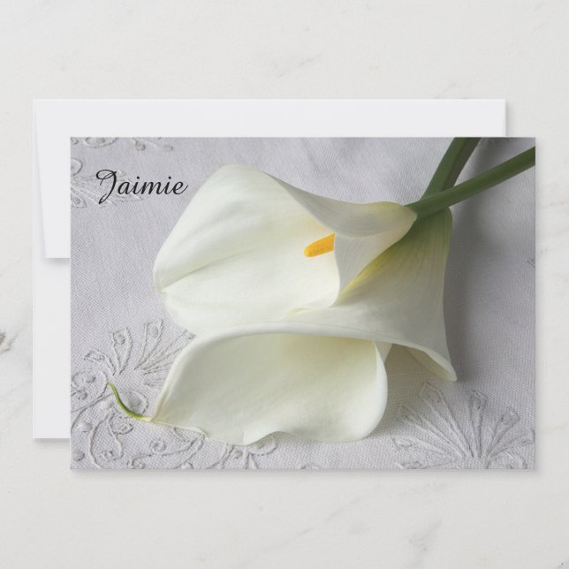 White calla lilies on linen thanks maid of honor announcement (Front)
