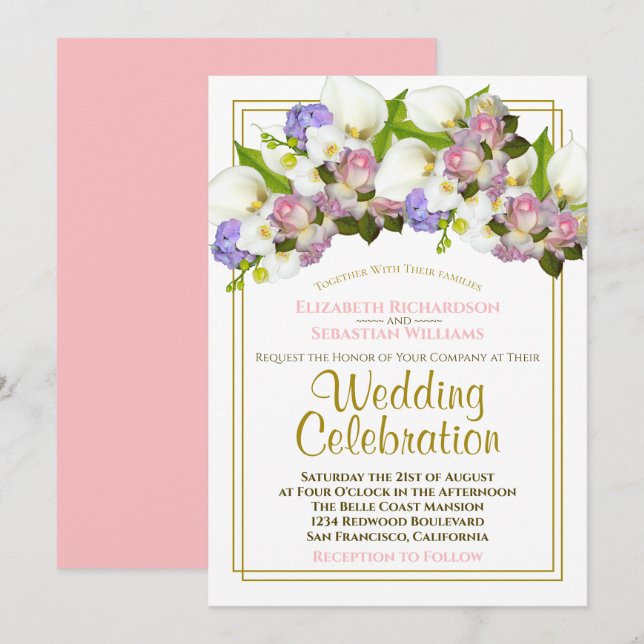 White Calla Lilies & Pink Rosebuds Spring Wedding Invitation (Front/Back)