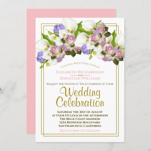 White Calla Lilies  Pink Rosebuds Spring Wedding Invitation