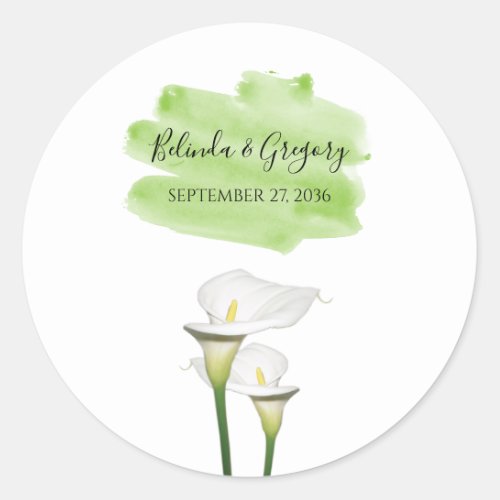 White Calla Lilies Watercolor Wedding Classic Round Sticker