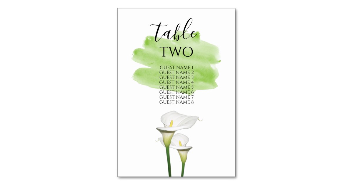White Calla Lilies Watercolor Wedding Guest Names Table Number | Zazzle
