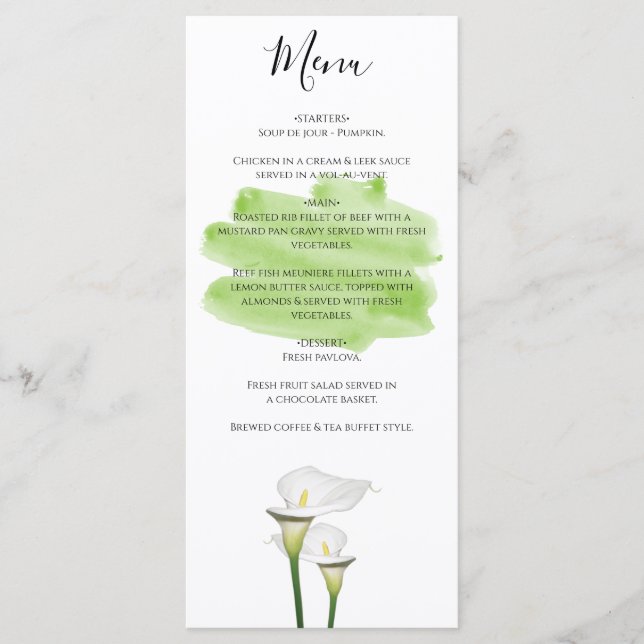 White Calla Lilies Watercolor Wedding  Menu (Front)