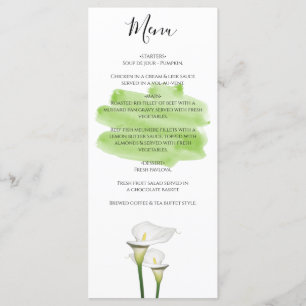 White Calla Lilies Watercolor Wedding  Menu