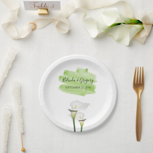 White Calla Lilies Watercolor Wedding  Paper Plates