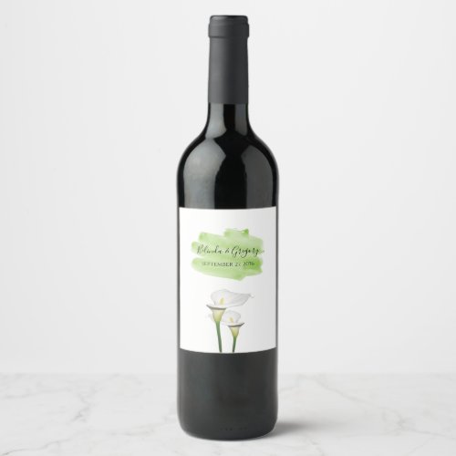 White Calla Lilies Watercolor Wedding Wine Label