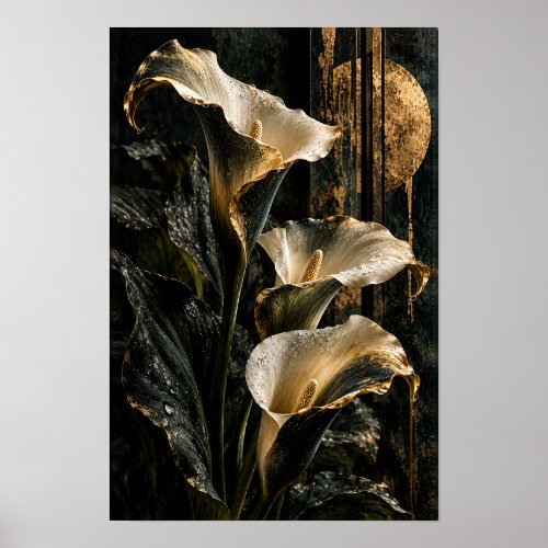 White Calla Lilies with Gold Circle Botanical Wall Poster