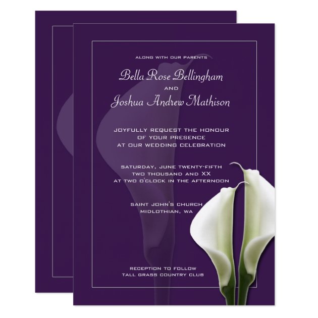 White Calla Lillies Wedding Invitation On Purple