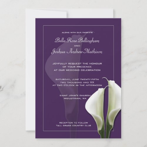 White Calla Lillies Wedding Invitation on Purple