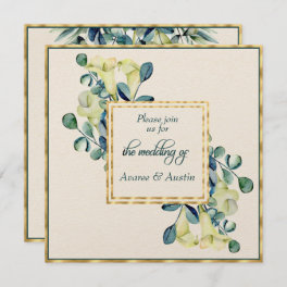White Calla Lily and Eucalyptus Ivory and Gold Invitation