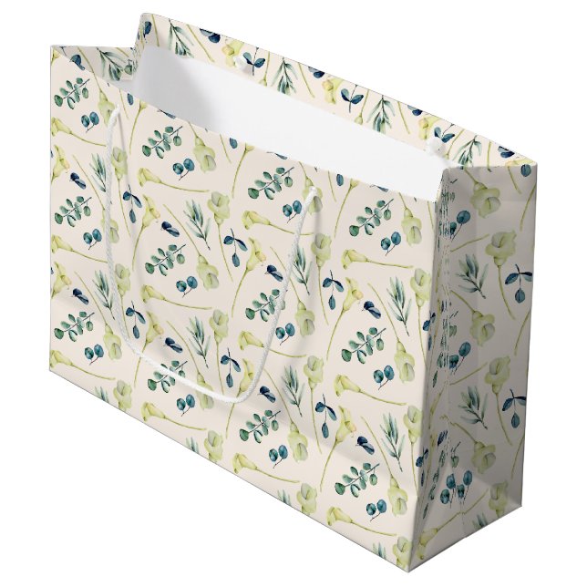 White Calla Lily and Eucalyptus  Large Gift Bag (Front Angled)
