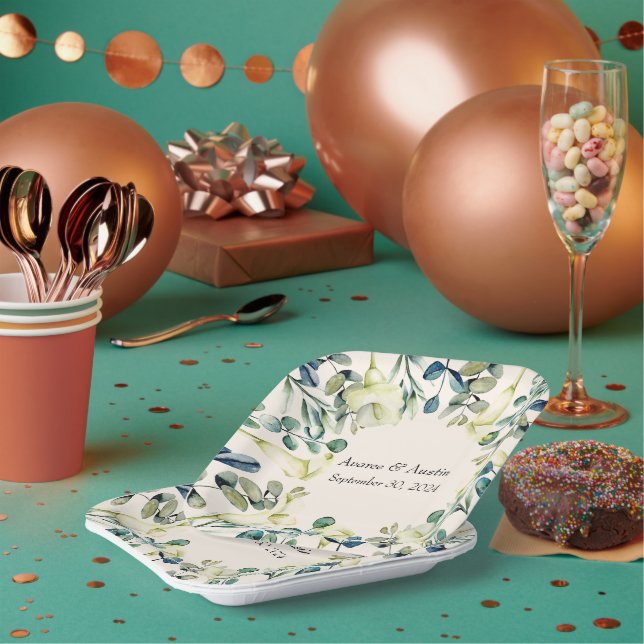 White Calla Lily and Eucalyptus  Paper Plates (Multi)