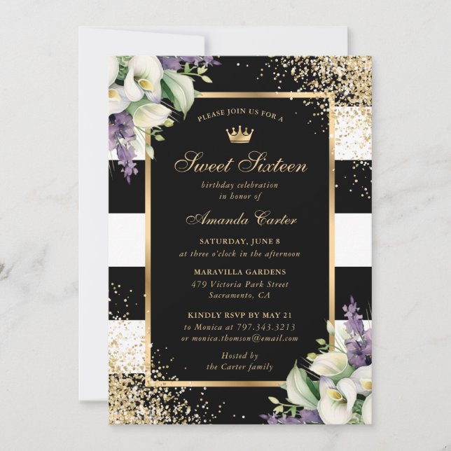 White Calla Lily Black Gold Sweet 16 Birthday Invitation (Front)