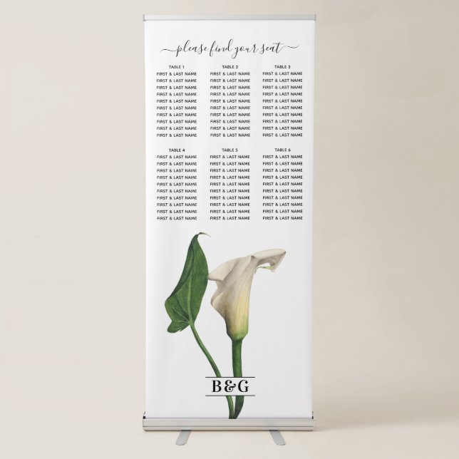 White Calla Lily Botanical Wedding Seating Chart Retractable Banner (Front)