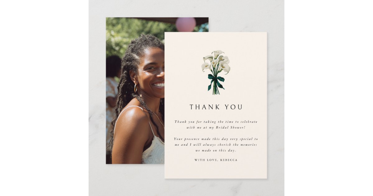 White Calla Lily Elegant Photo Bridal Shower Thank You Card | Zazzle