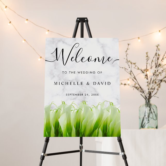 White Calla Lily Florals Wedding Welcome Sign (In Situ (Stand))