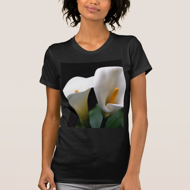 White Calla Lily Flower Ladies Black Fitted Shirt (Front)