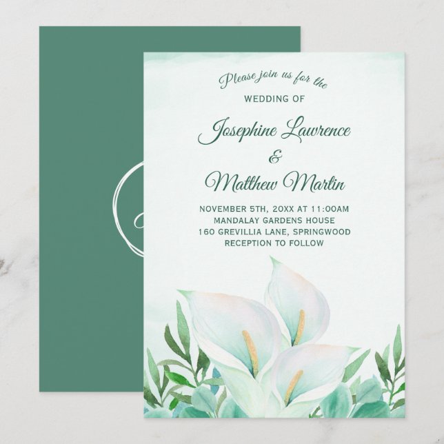 White Calla Lily Monogram Wedding Invitations (Front/Back)