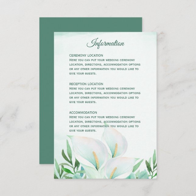 White Calla Lily Monogram Wedding Reception Cards (Front/Back)