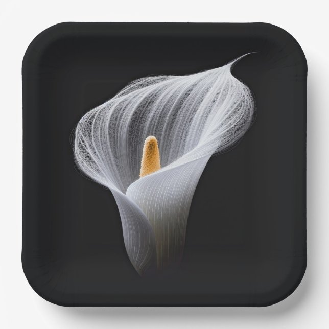White Calla Lily On Black Paper Plates (Front)