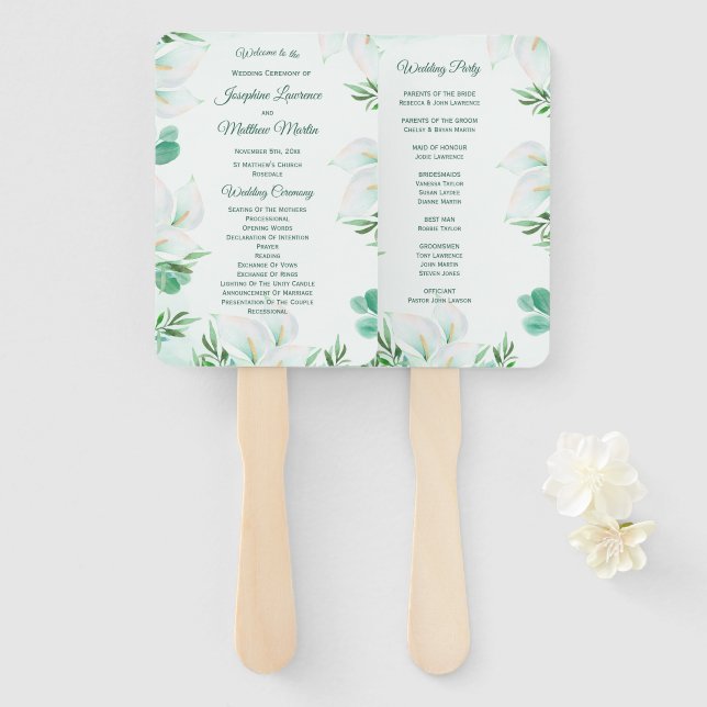 White Calla Lily Wedding Ceremony Programs Hand Fan (Front and Back)