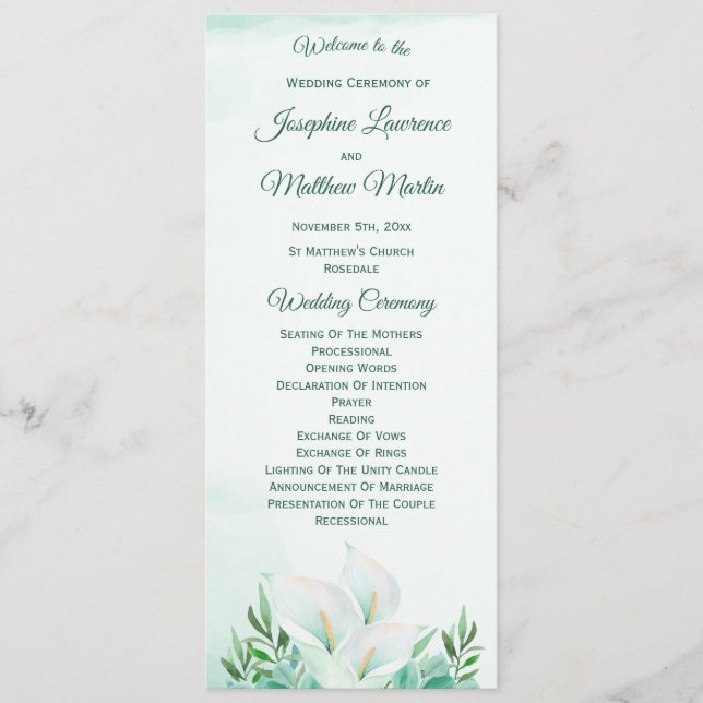White Calla Lily Wedding Programs (Front)